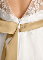 Geranium Elegant Lace Applique Flower Girl Dress - Illusion Back Tulle Tutu Party Gown with Champagne Sash KD-216
