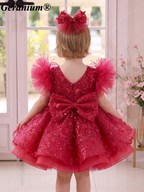 Geranium Sparkling Butterfly Sequined Toddler Formal Dress - Ethereal Feather Sleeve Birthday Gown with Oversized Back Bow KD-362