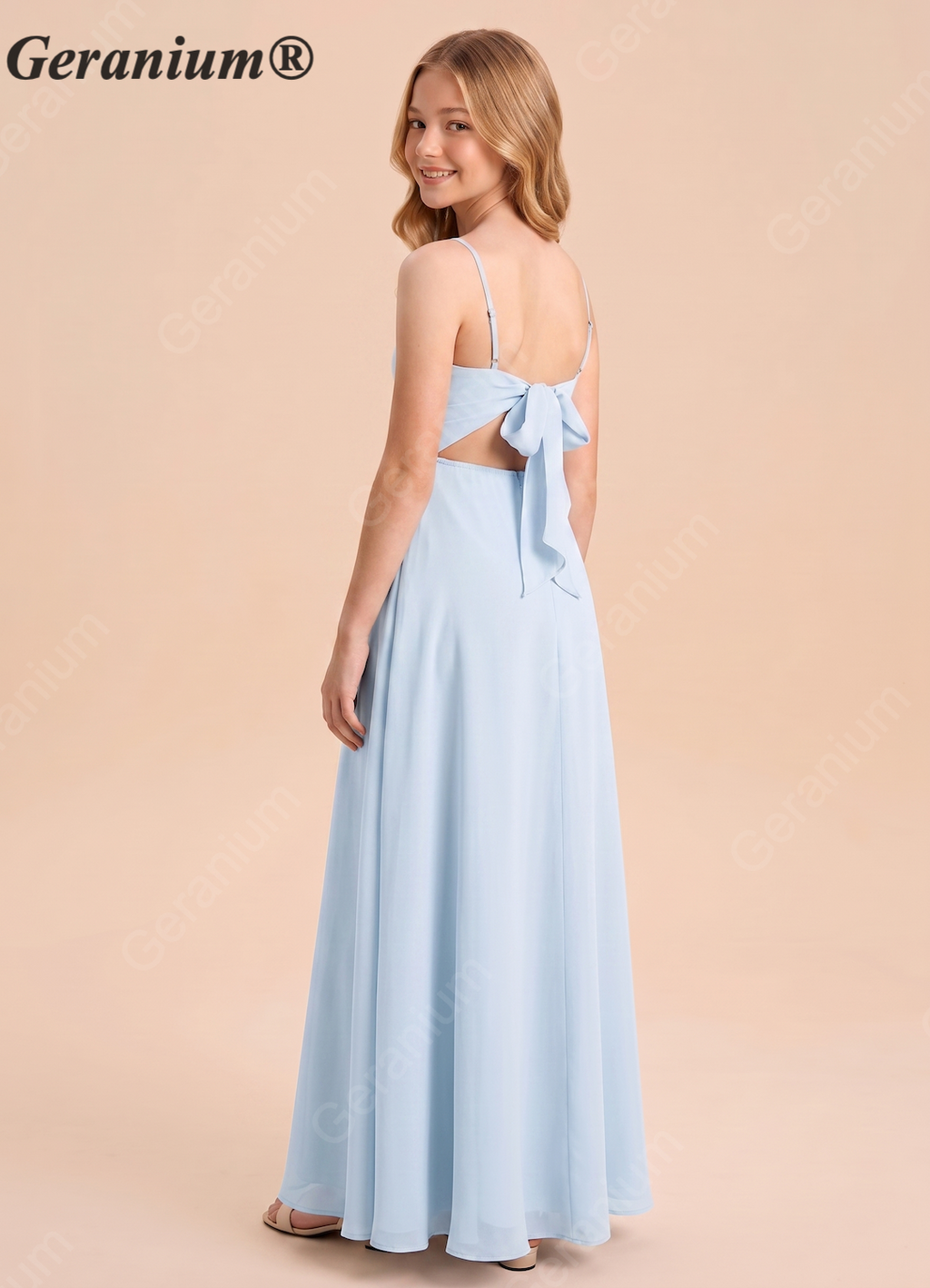 Geranium Elegant Sky Blue Bridesmaid Dress A-Line Spaghetti Strap with Open Back Bow KD-95