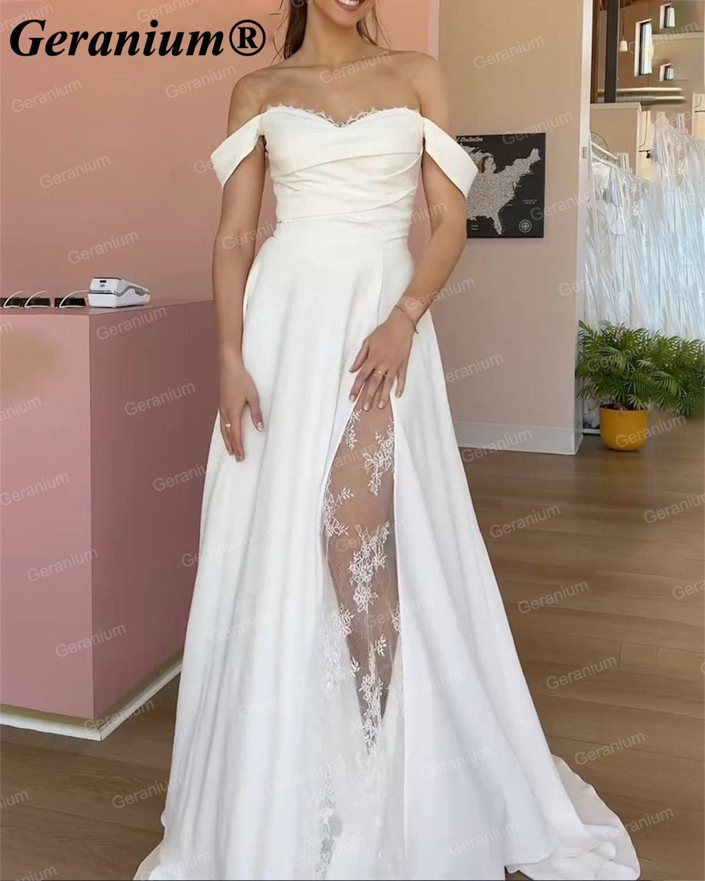 Geranium Off-the-Shoulder Satin A-Line Wedding Dress with Lace Slit – GER125