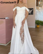 Geranium Off-the-Shoulder Satin A-Line Wedding Dress with Lace Slit – GER125