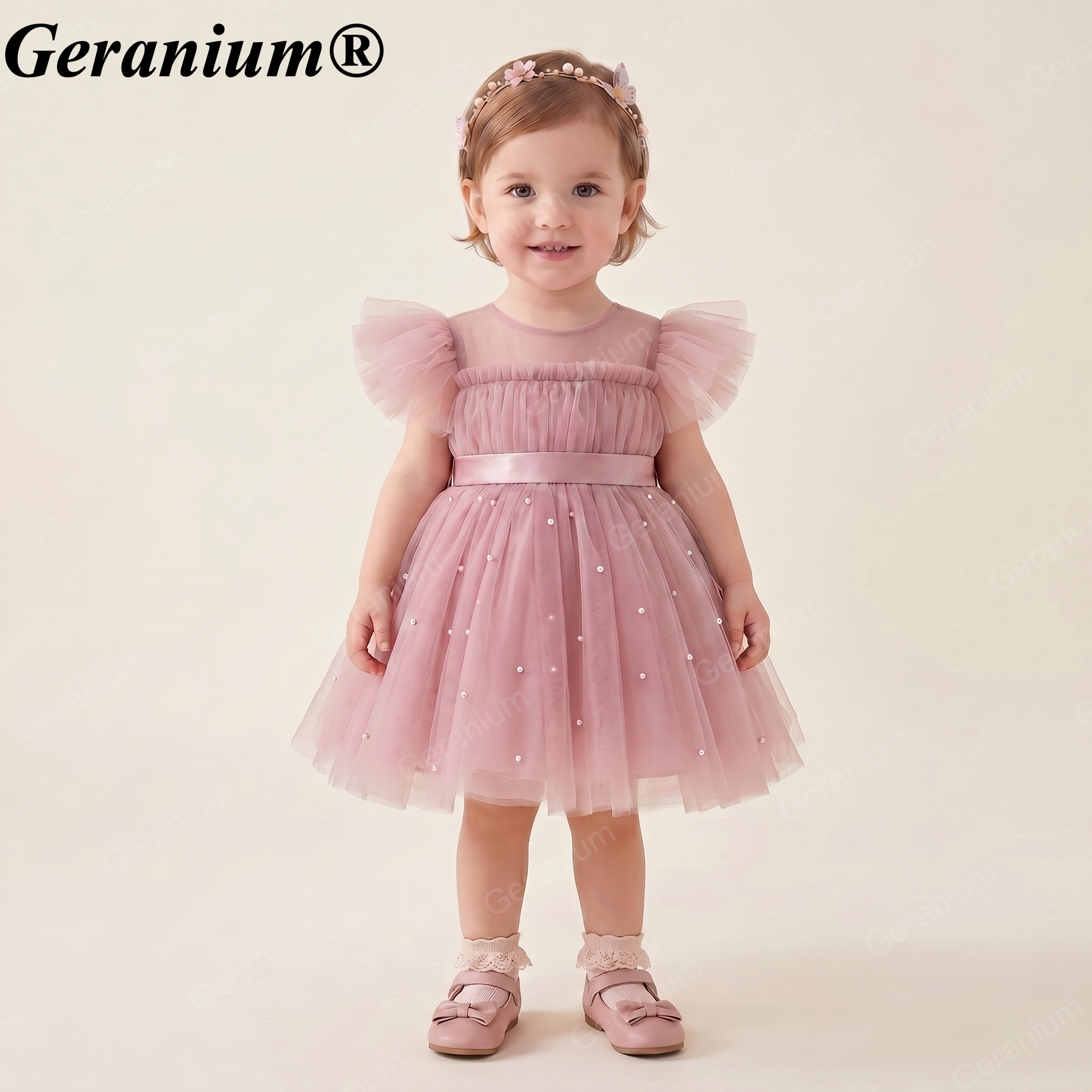 Geranium Elegant Toddler Girl Pink Pearl Tulle Princess Dress with Oversized Back Bow - Formal Birthday Party Gown KD-28 Main image