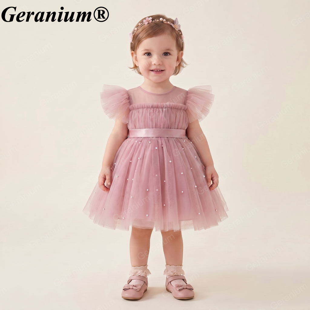 Geranium Elegant Toddler Girl Pink Pearl Tulle Princess Dress with Oversized Back Bow - Formal Birthday Party Gown KD-28