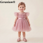 Geranium Elegant Toddler Girl Pink Pearl Tulle Princess Dress with Oversized Back Bow - Formal Birthday Party Gown KD-28