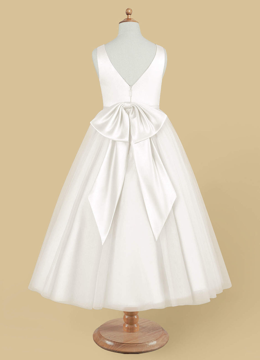 Geranium Simple V-Neck Satin & Tulle Flower Girl Dress - Elegant A-Line Ball Gown with Oversized Back Bow KD-199