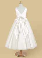 Geranium Simple V-Neck Satin & Tulle Flower Girl Dress - Elegant A-Line Ball Gown with Oversized Back Bow KD-199