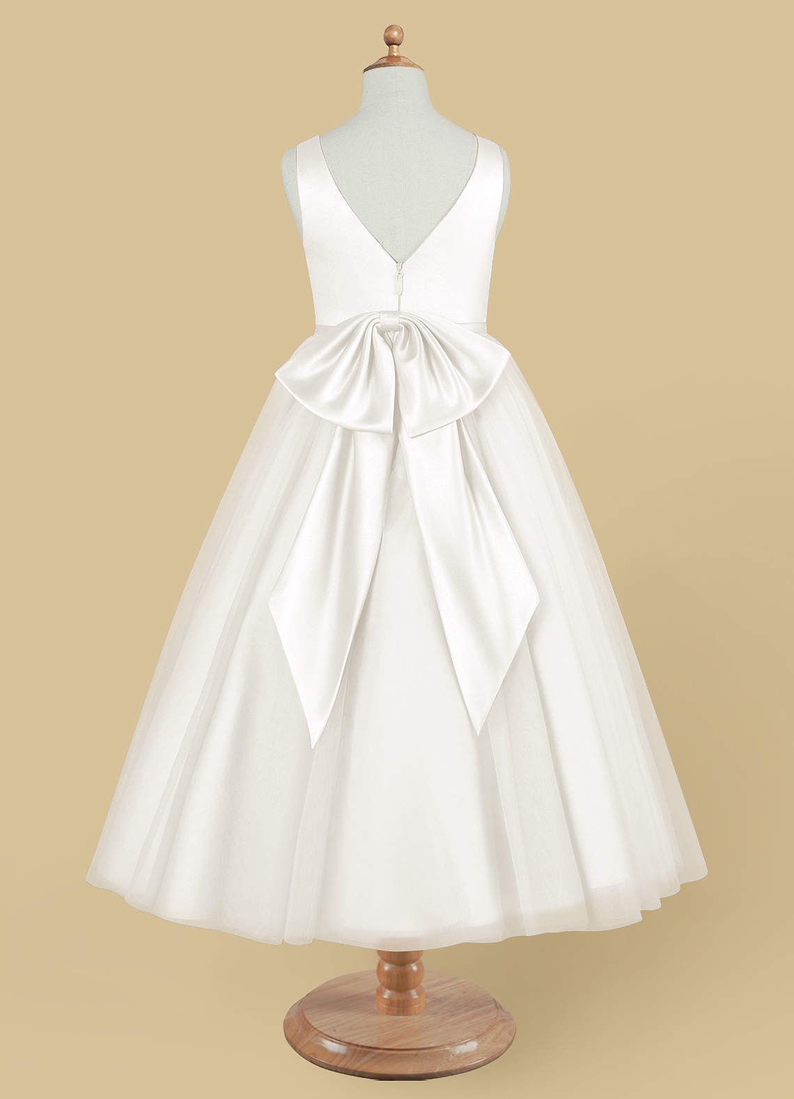 Geranium Simple V-Neck Satin & Tulle Flower Girl Dress - Elegant A-Line Ball Gown with Oversized Back Bow KD-199
