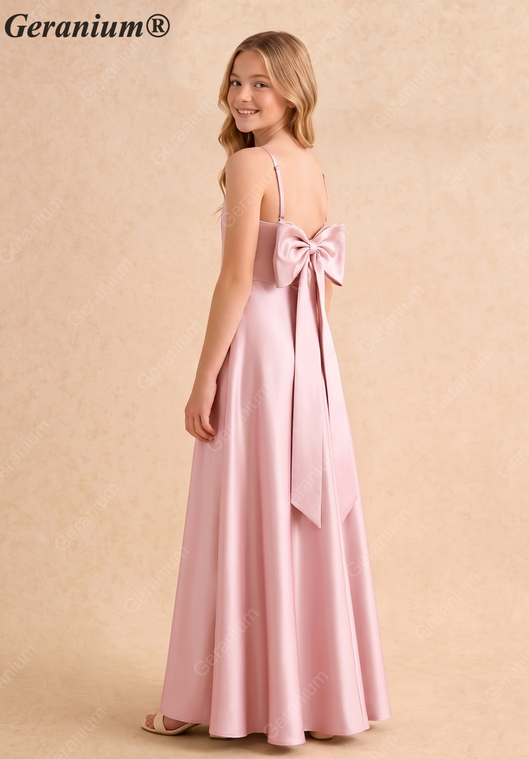 Geranium Elegant Square Neck Satin Flower Girl Dress with Detachable Back Bow - Dusty Rose KD-215 Secondary image