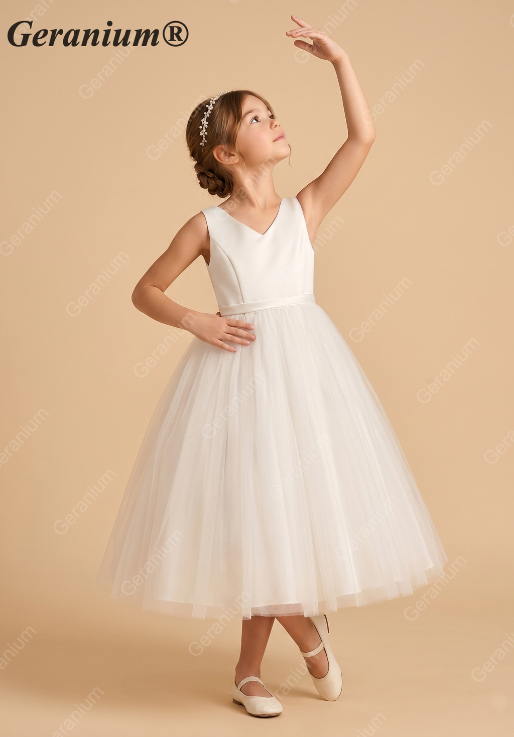 Geranium Simple V-Neck Satin & Tulle Flower Girl Dress - Elegant A-Line Ball Gown with Oversized Back Bow KD-199