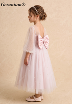 Geranium Girls Pink Pearl Tulle Princess Dress - Backless Party Gown with Oversized Bow & Puff Sleeves KD-293