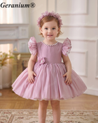 Geranium Toddler Girl Tulle Party Dress with Pearl Neckline and Ruffled Cap Sleeves - Perfect for Birthdays, Flower Girls, Formal Events KD-371