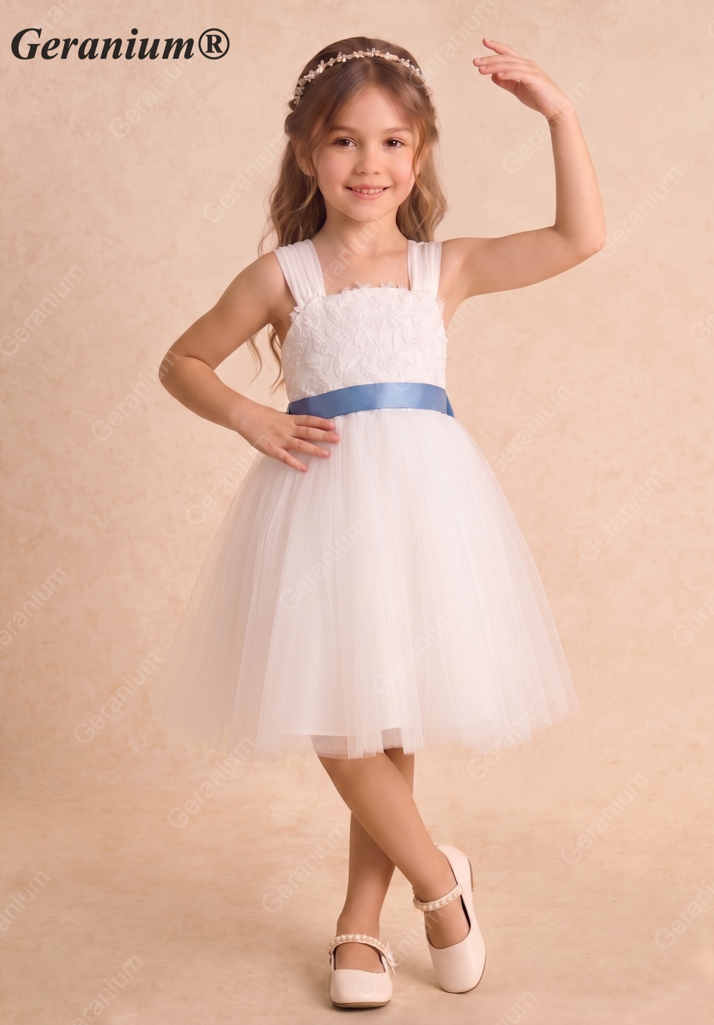 Geranium Floral Lace Tulle Flower Girl Dress with Removable Oversized Back Bow KD-281