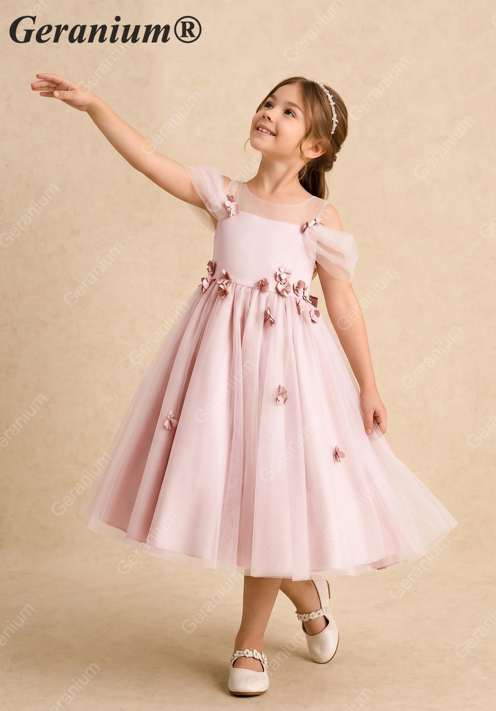Geranium Enchanting Blush Pink Off-the-Shoulder Flower Girl Dress - Floral Appliqué Tulle Tutu Princess Gown KD-248 Secondary image
