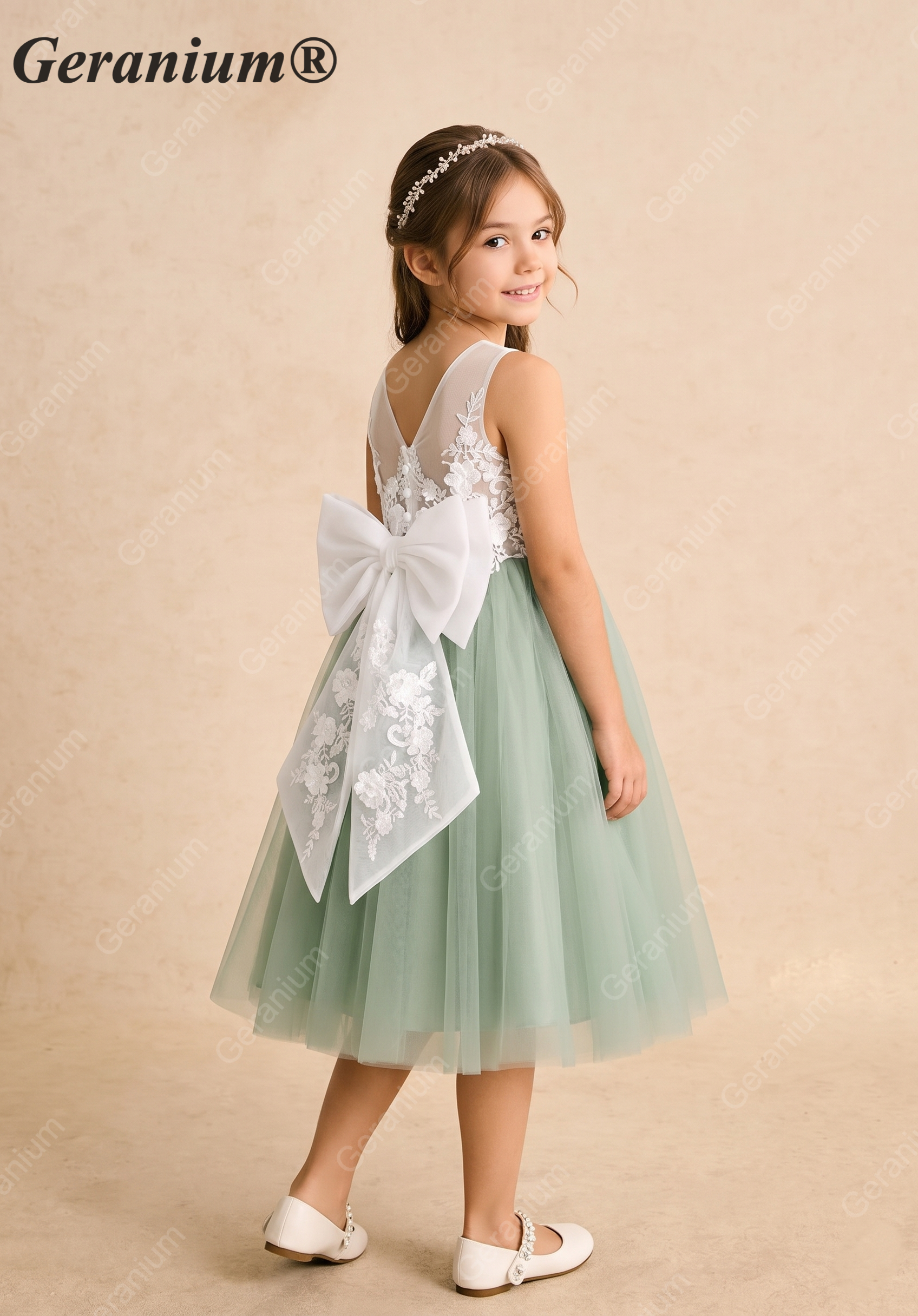 Geranium Sage Green Lace & Tulle Flower Girl Dress with Oversized Bow – KD-200 Secondary image
