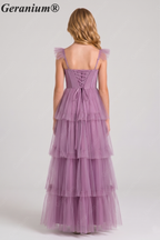 Geranium Fairy-tale Square Neck Tiered Tulle Gown with Corset Bodice for Bridesmaid & Prom KD-325