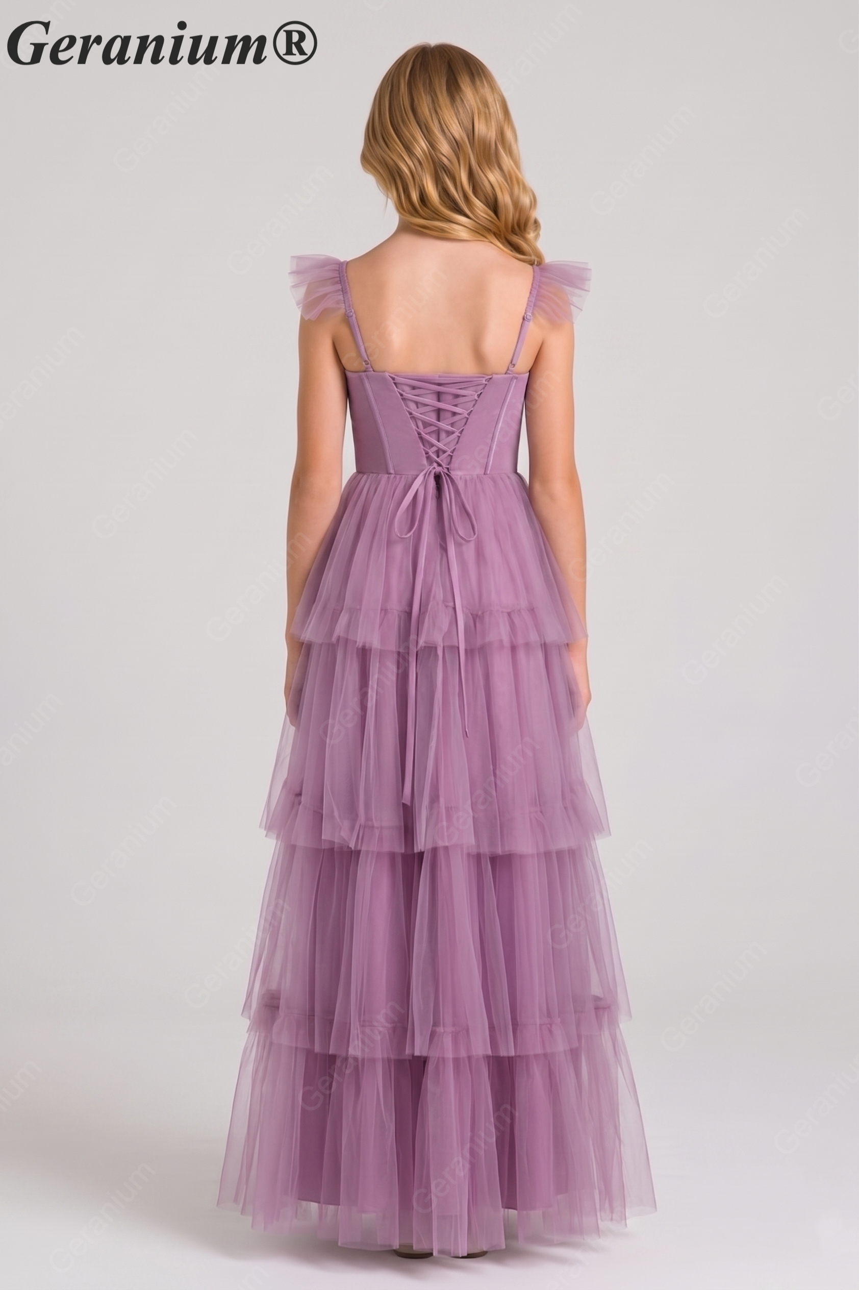 Geranium Fairy-tale Square Neck Tiered Tulle Gown with Corset Bodice for Bridesmaid & Prom KD-325