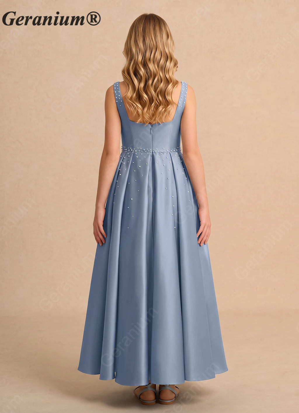 Geranium Elegant Dusty Blue Satin Flower Girl Dress - Pearl Beaded Junior Bridesmaid Gown KD-299
