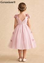 Geranium Enchanting Dusty Pink 3D Floral Flower Girl Dress with Ethereal Tulle Cape Sleeves KD-198