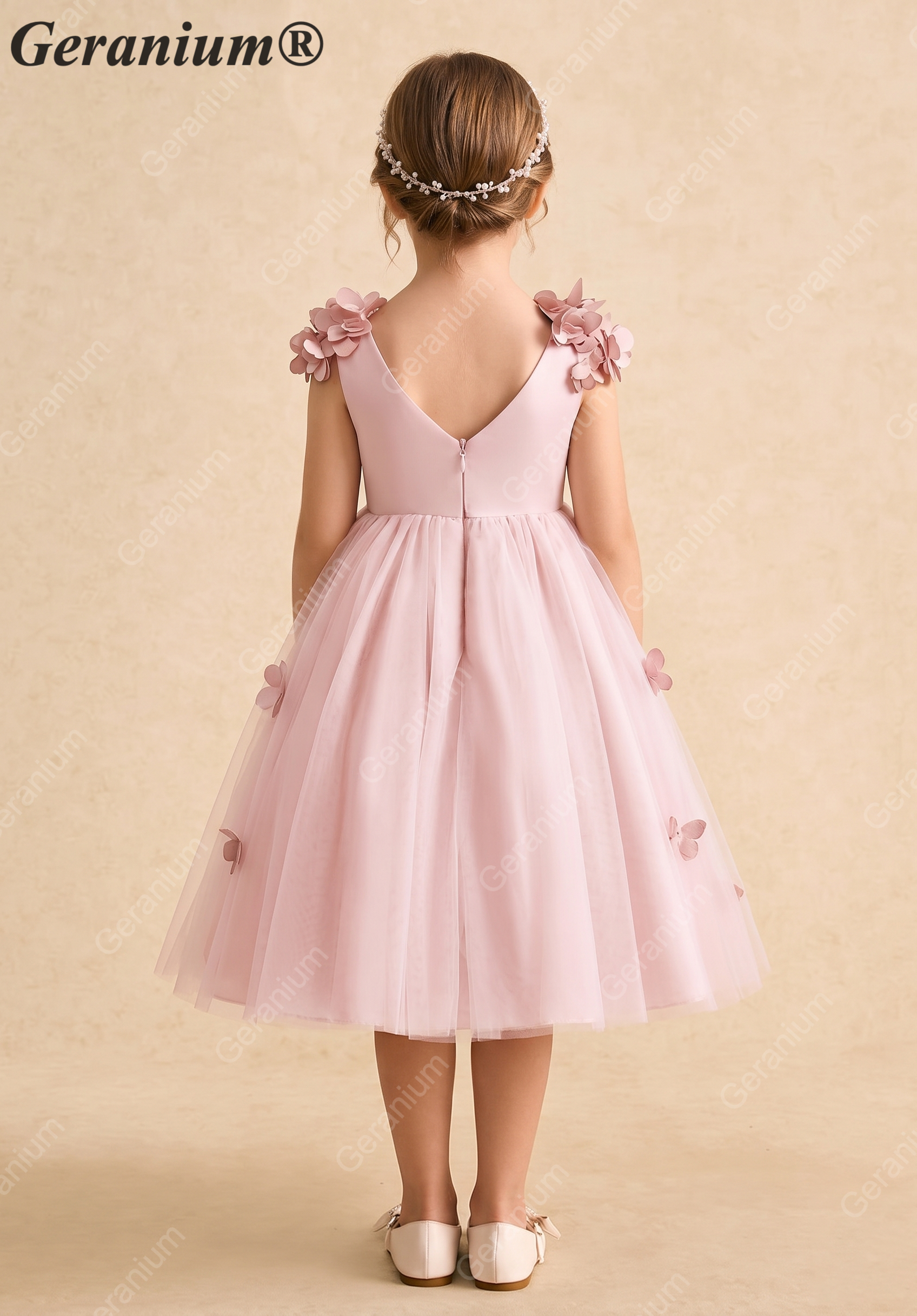 Geranium Enchanting Dusty Pink 3D Floral Flower Girl Dress with Ethereal Tulle Cape Sleeves KD-198