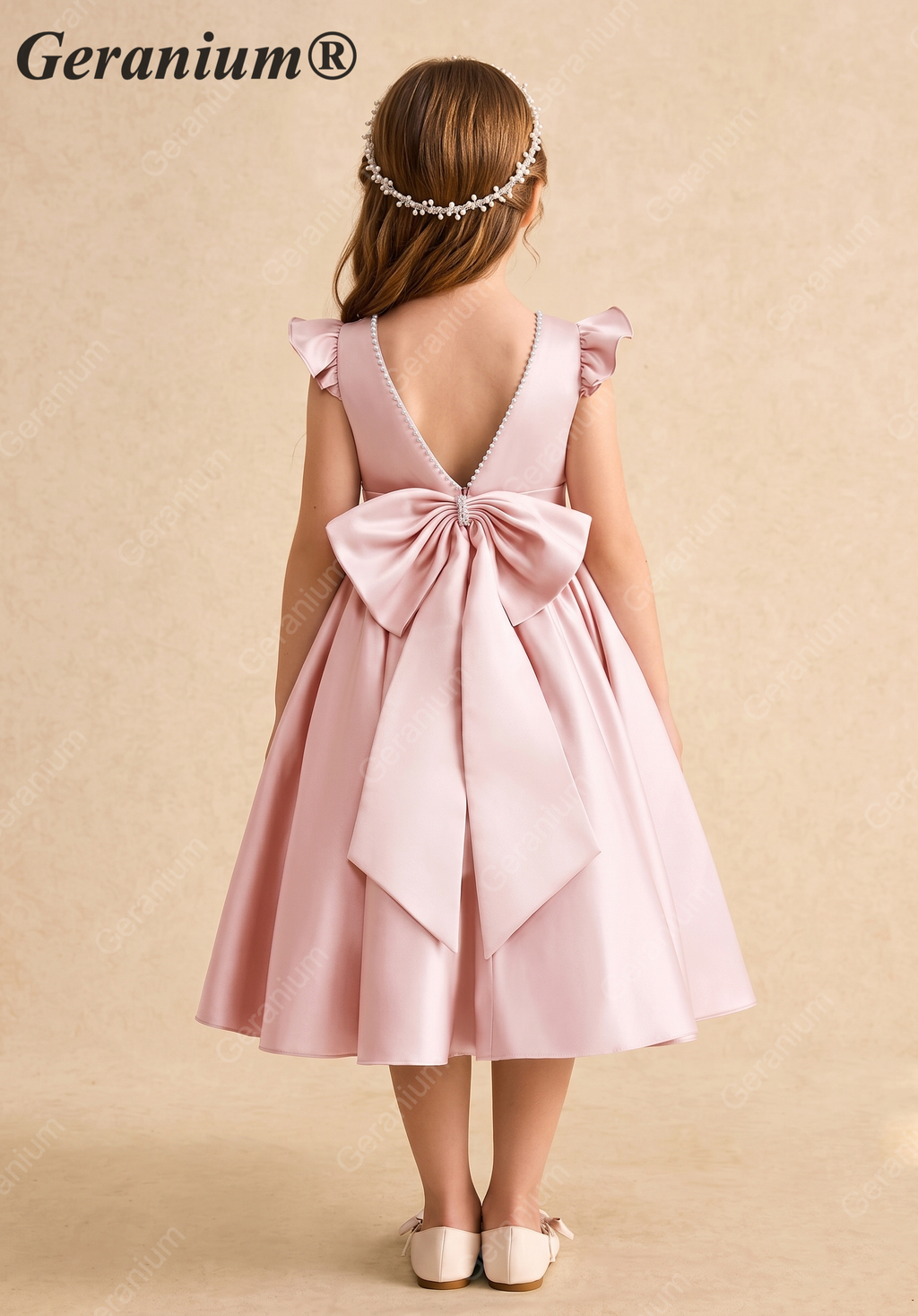 Geranium Elegant Pearl Back Satin Flower Girl Dress with Oversized Bow - Flutter Sleeve Princess Gown KD-229