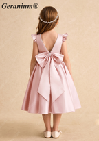 Geranium Elegant Pearl Back Satin Flower Girl Dress with Oversized Bow - Flutter Sleeve Princess Gown KD-229