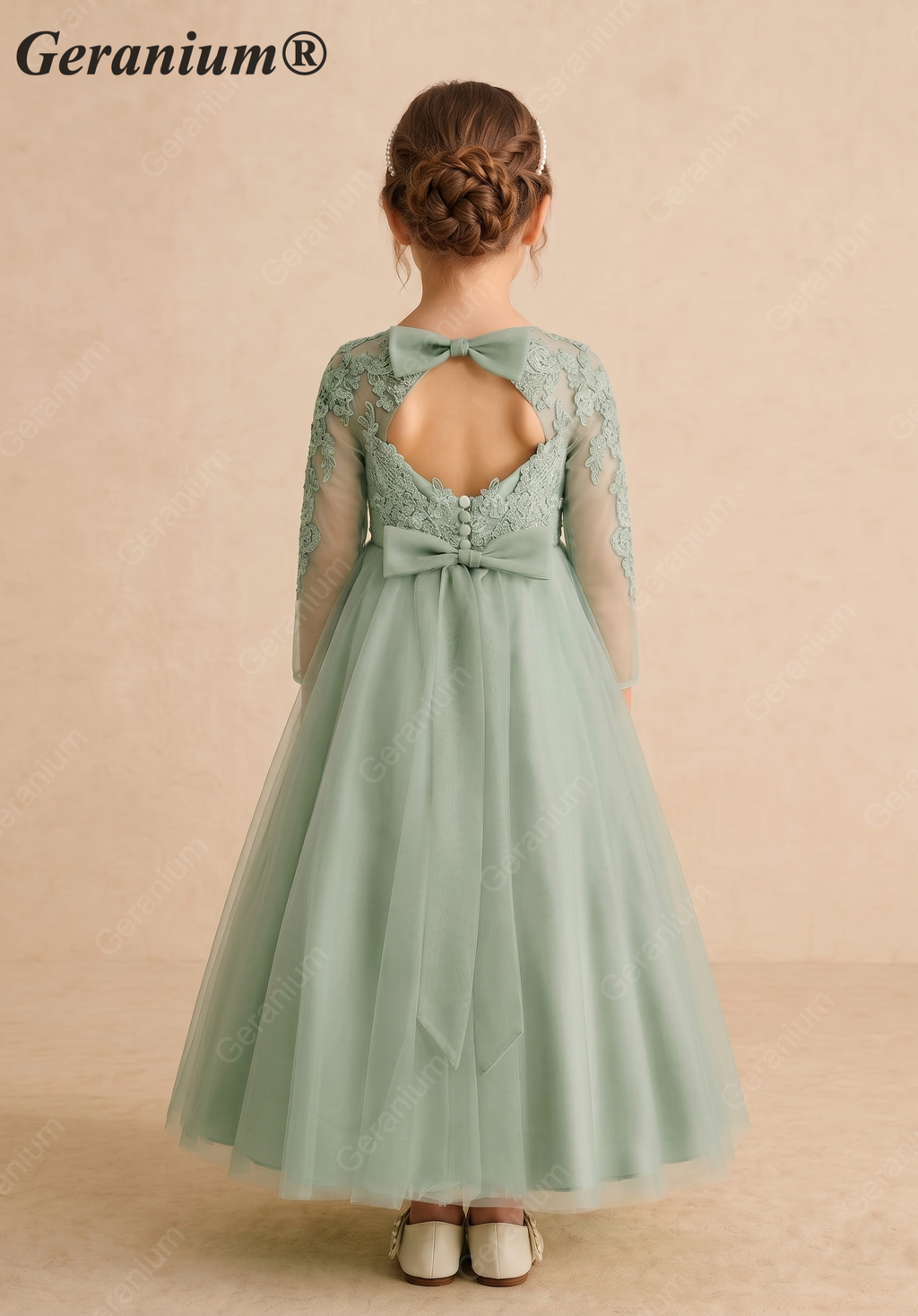 Geranium Sage Green Lace Applique Long Sleeve Flower Girl Dress - Heart Cut-out Back Tulle Princess Gown KD-289