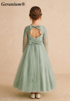 Geranium Sage Green Lace Applique Long Sleeve Flower Girl Dress - Heart Cut-out Back Tulle Princess Gown KD-289