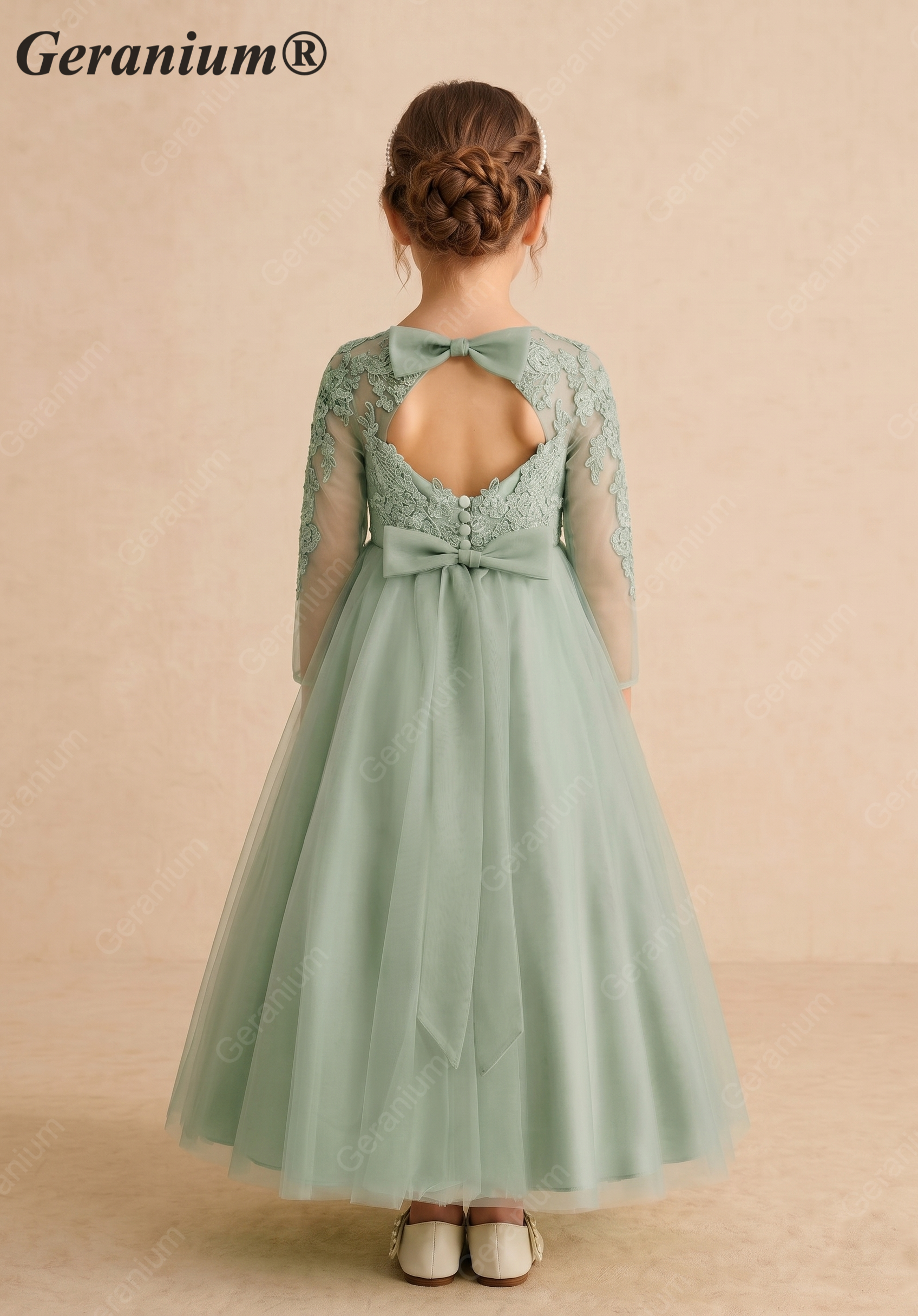 Geranium Sage Green Lace Applique Long Sleeve Flower Girl Dress - Heart Cut-out Back Tulle Princess Gown KD-289