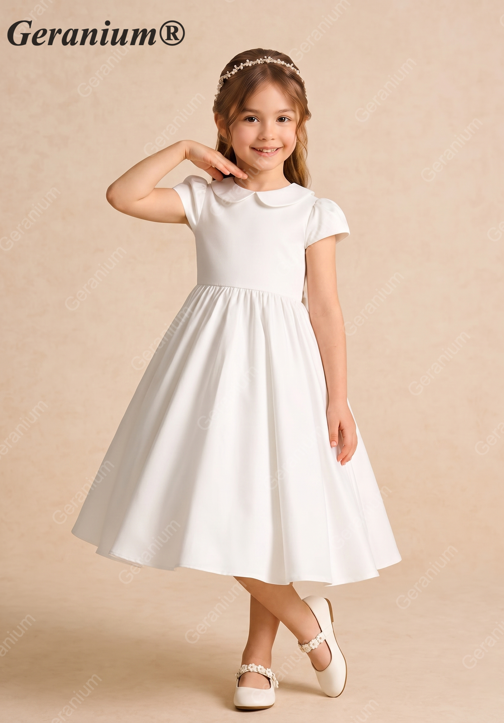 Geranium Elegant White Satin A-Line Flower Girl Dress - Peter Pan Collar Short Sleeve Party Gown with Oversized Back Bow KD-203 Secondary image