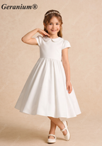 Geranium Elegant White Satin A-Line Flower Girl Dress - Peter Pan Collar Short Sleeve Party Gown with Oversized Back Bow KD-203