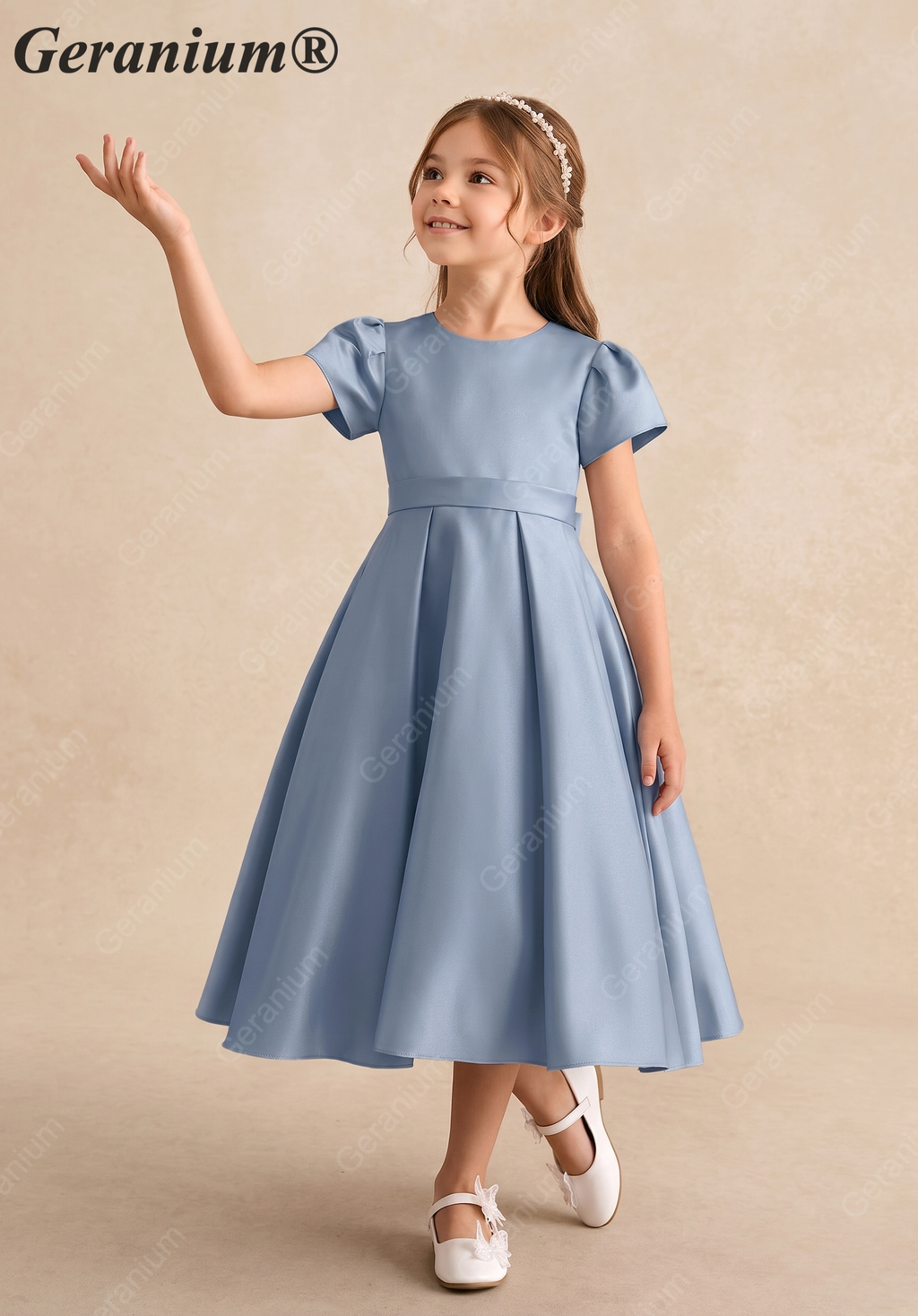 Geranium Elegant Dusty Blue Satin Flower Girl Dress - Puffy Short Sleeve Princess Gown with Back Bow KD-191