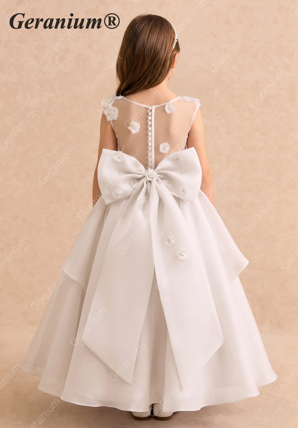 Geranium Luxury 3D Floral Applique Asymmetric Layered Flower Girl Dress with Oversized Back Bow KD-245