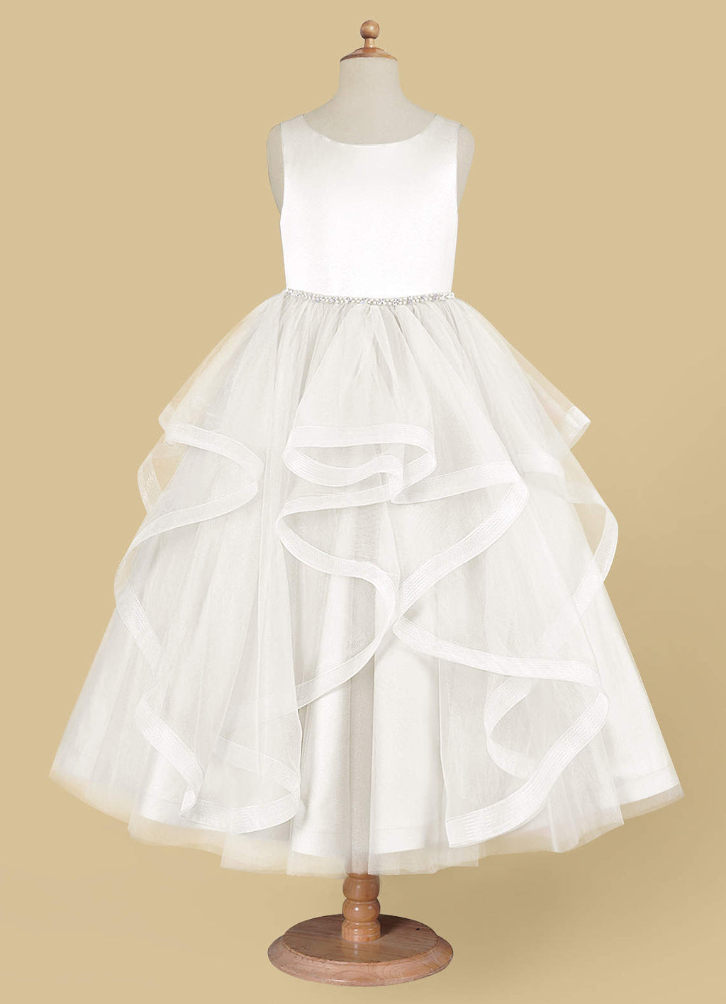 Geranium Sweet Princess Flower Girl Dress - Cascading Tulle Ruffles with Pearl Beaded Waistband KD-262