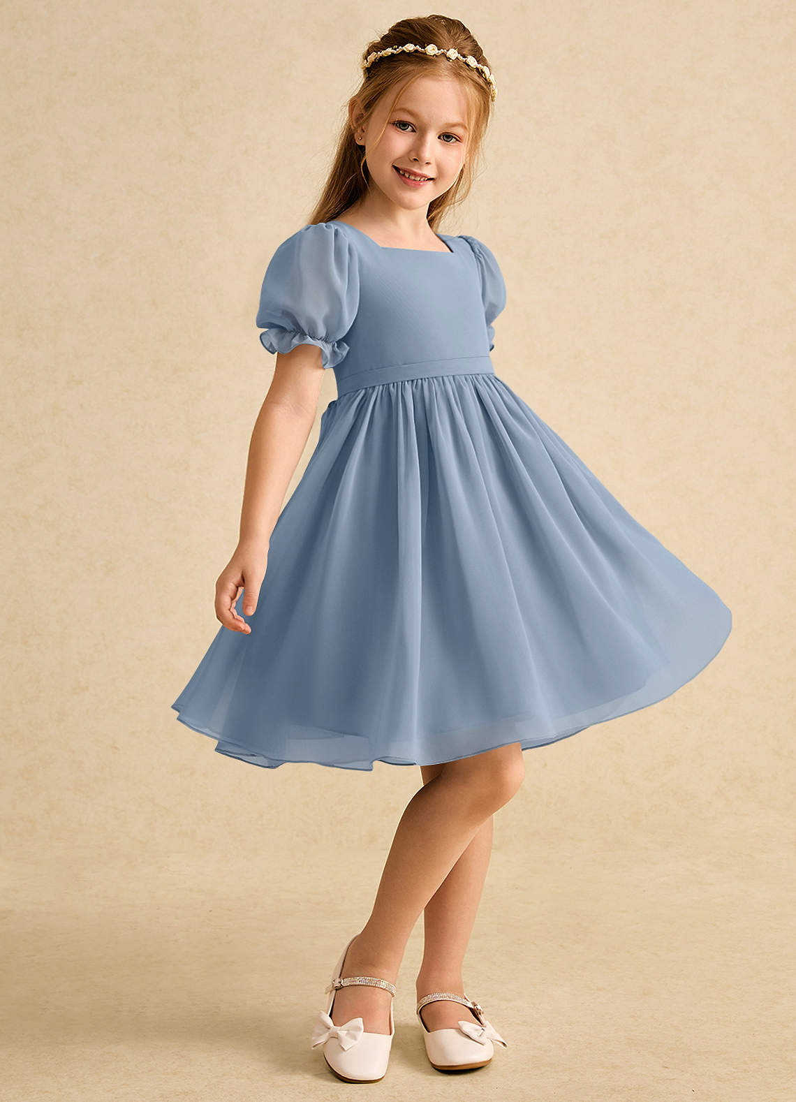 Geranium Elegant Square Neck Chiffon Flower Girl Dress with Puff Sleeves and Detachable Back Bow KD-301 Main image