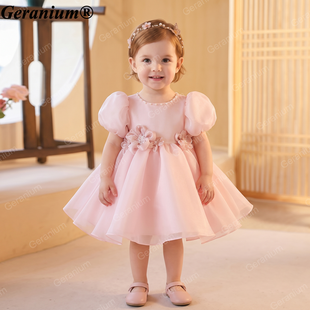 Geranium Toddler Girl Pink Puffy Organza Birthday Dress with Pearl Neckline & 3D Flower Appliques KD-366