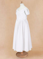 Geranium Cold Shoulder Chiffon Flower Girl Dress with Ruched V-Neck Bodice KD-260