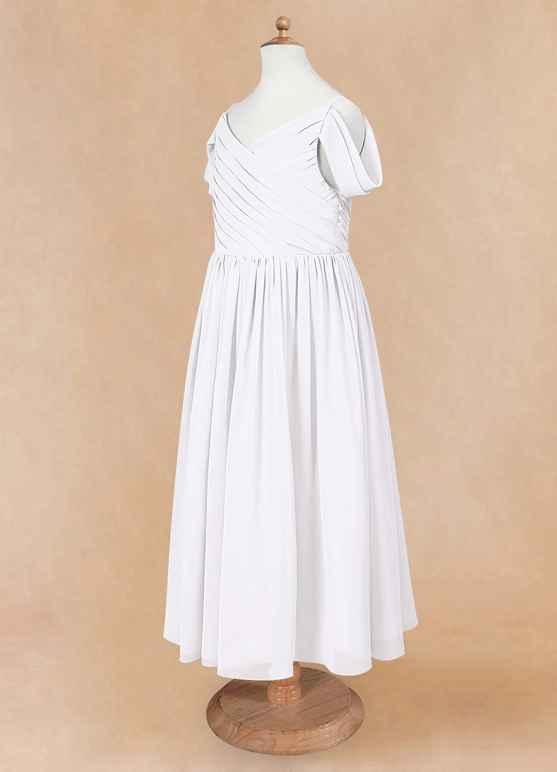 Geranium Cold Shoulder Chiffon Flower Girl Dress with Ruched V-Neck Bodice KD-260