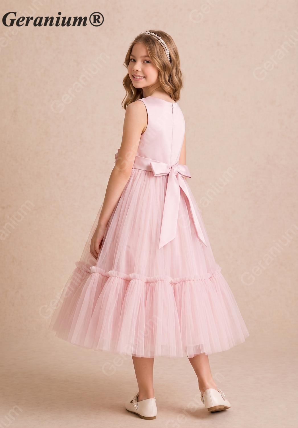 Geranium Elegant Blush Pink Tulle Flower Girl Dress with 3D Floral Waist & Back Bow KD-206J