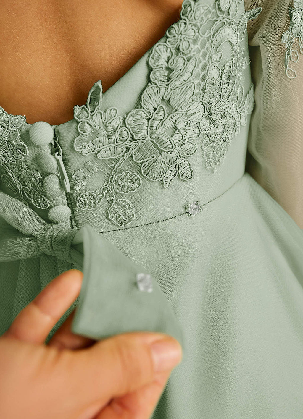 Geranium Sage Green Lace Applique Long Sleeve Flower Girl Dress - Heart Cut-out Back Tulle Princess Gown KD-289
