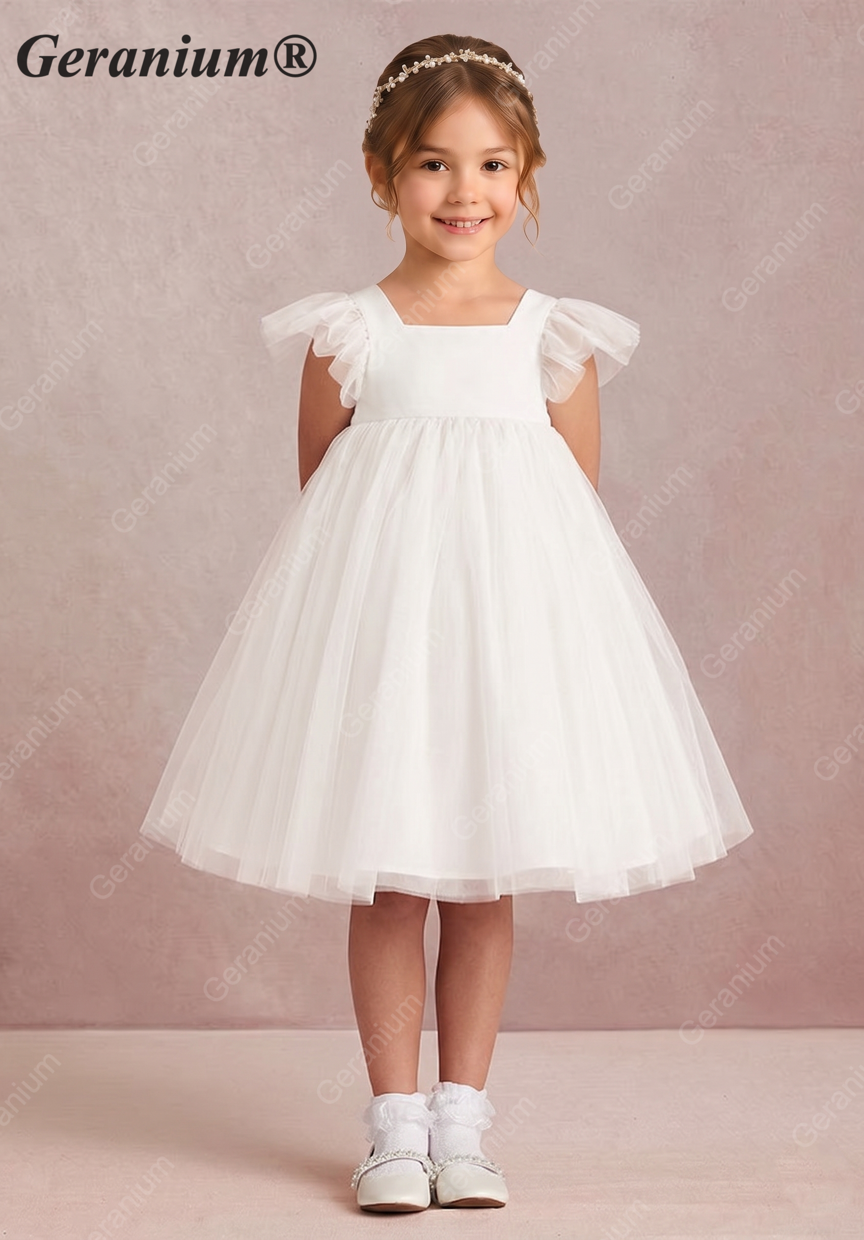 Geranium Girl's Tulle Princess Dress with Back Bow - Flutter Sleeve Flower Girl Gown for Weddings and Parties KD-242