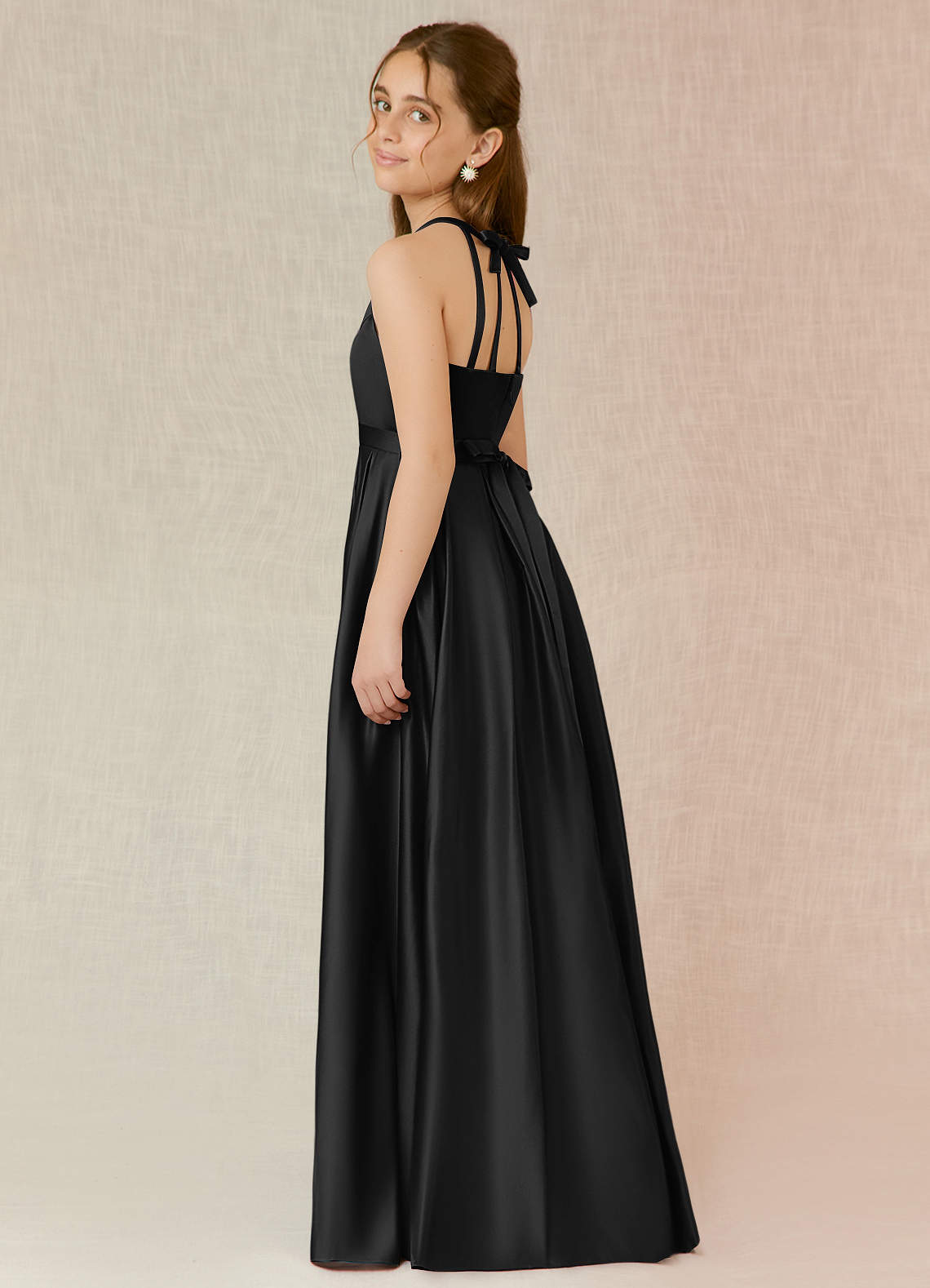 Geranium Elegant Black Halter Neck Satin A-Line Maxi Dress with Pockets & Bow Back KD-97