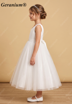 Geranium Simple V-Neck Satin & Tulle Flower Girl Dress - Elegant A-Line Ball Gown with Oversized Back Bow KD-199