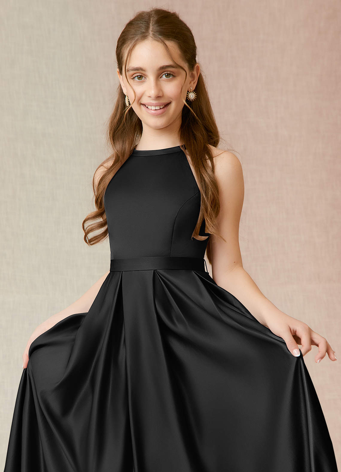 Geranium Elegant Black Halter Neck Satin A-Line Maxi Dress with Pockets & Bow Back KD-97