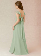 Geranium Sage Green Flutter Sleeve Chiffon Junior Bridesmaid Dress with Bow Back & Side Slit KD-69