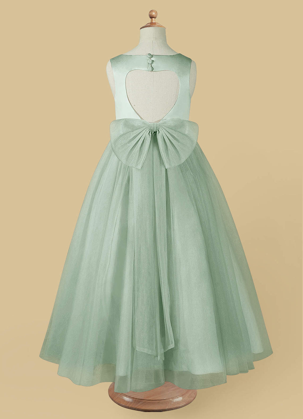 Geranium Heart Back Sage Green Tulle Flower Girl Dress with Oversized Bow KD-258