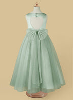 Geranium Heart Back Sage Green Tulle Flower Girl Dress with Oversized Bow KD-258