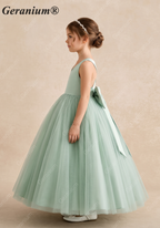 Geranium Elegant V-Neck Sage Green Flower Girl Dress - Tulle Ball Gown with Criss-Cross Back and Removable Big Bow KD-209