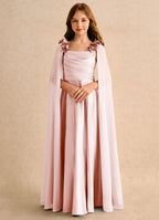 Geranium Blush Pink Satin Cape Bridesmaid Dress with Floral Shoulder Straps and Draped Bodice KD-146