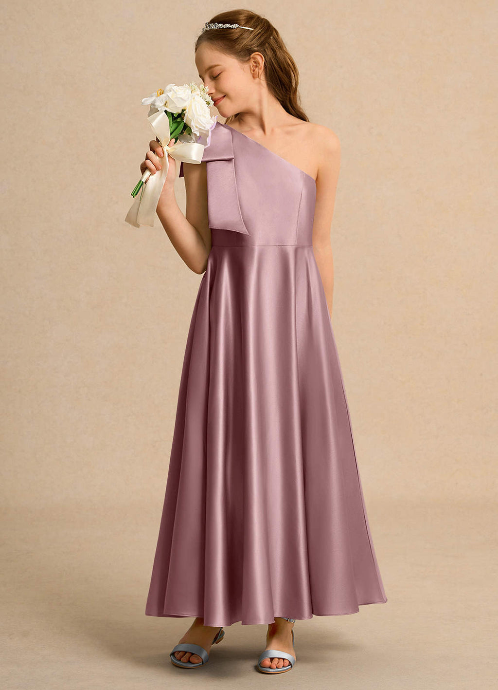 Geranium Elegant One-Shoulder Satin Junior Bridesmaid Dress with Oversized Bow - Floor Length Formal Gown for Girls KD-244