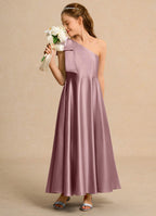 Geranium Elegant One-Shoulder Satin Junior Bridesmaid Dress with Oversized Bow - Floor Length Formal Gown for Girls KD-244